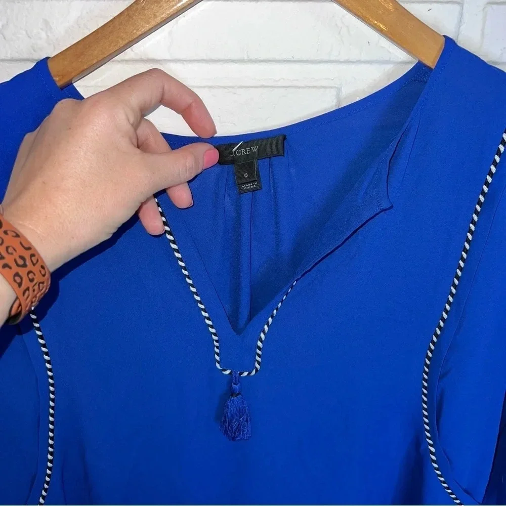 J. Crew Blue Tassel Trim V-Neck Long Sleeve Blouse, Women’s Size 0